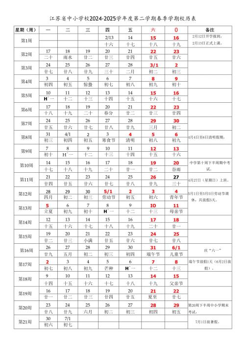江苏南京无锡苏州常州镇江南通扬州泰州盐城连云港宿迁徐州淮安市中小学校20242025学第二学期季学期校历表教学日历教师家长学生行.docx
