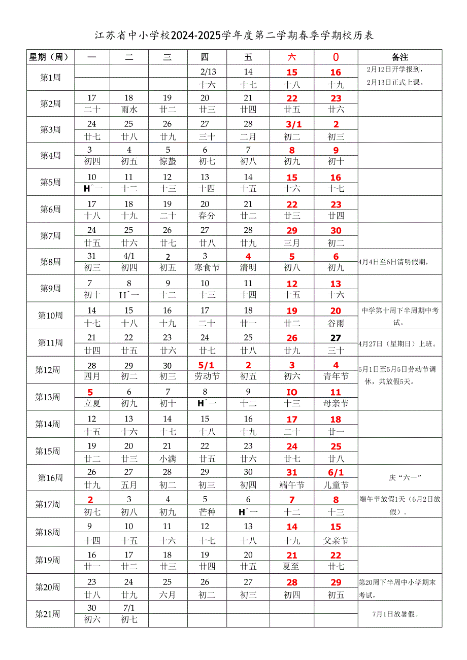江苏南京无锡苏州常州镇江南通扬州泰州盐城连云港宿迁徐州淮安市中小学校20242025学第二学期季学期校历表教学日历教师家长学生行.docx_第1页