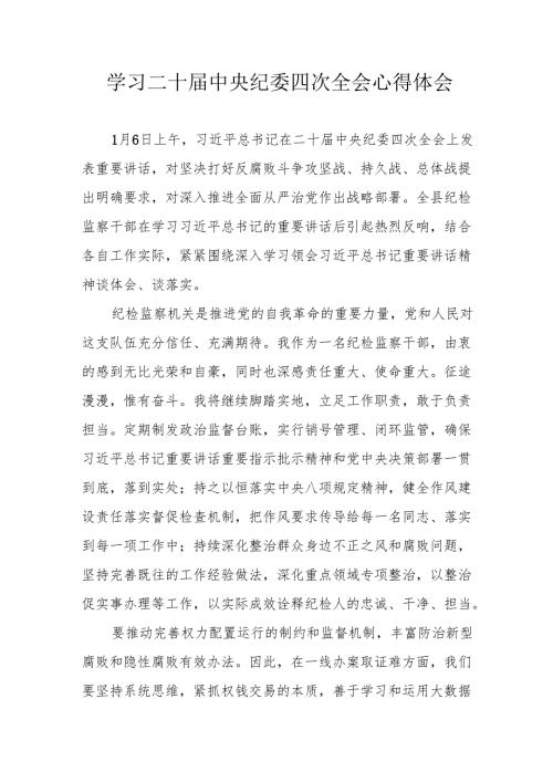学习二十中央纪委四次全会个人心得体会 合计17份.docx