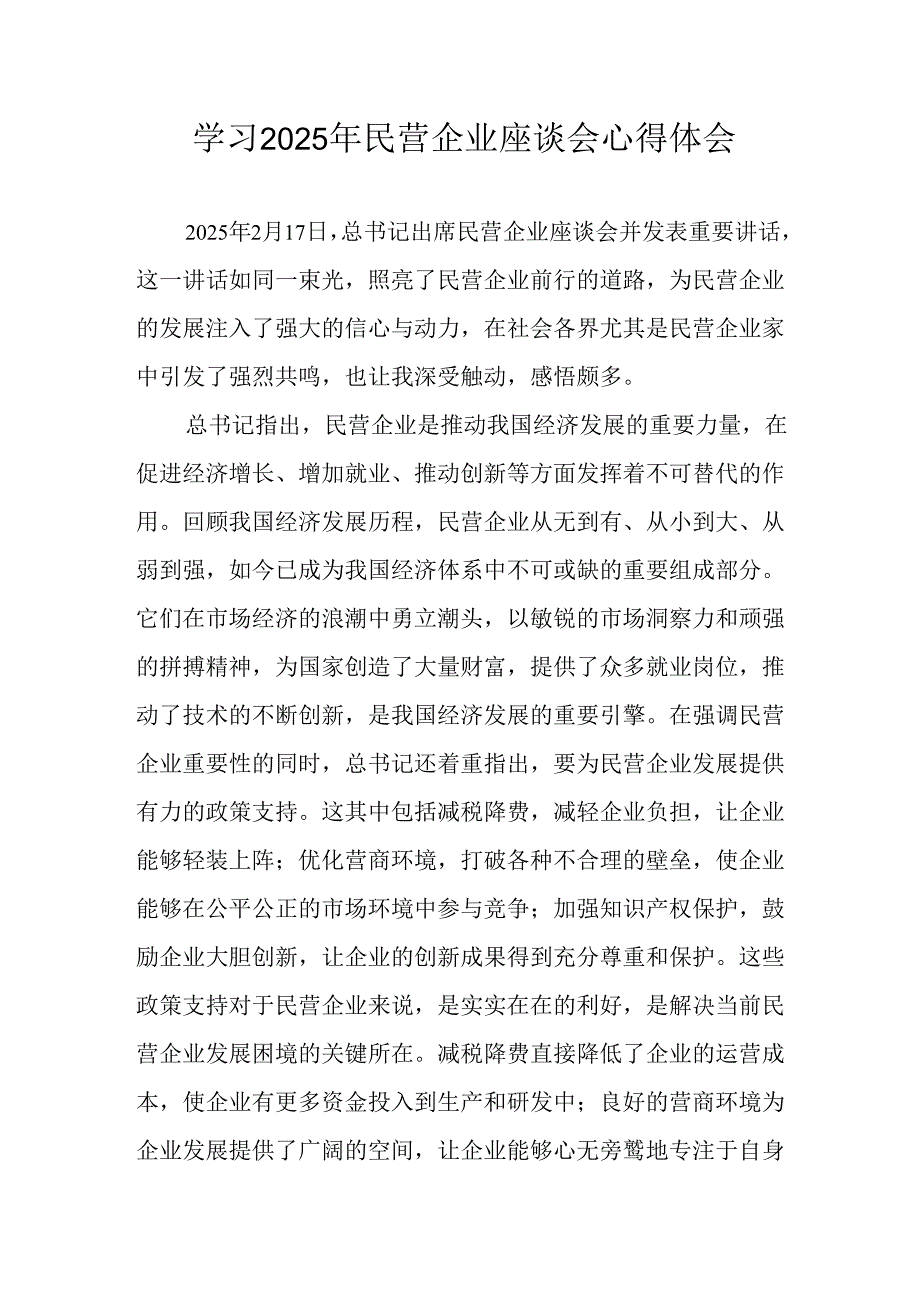 2025年私营企业学习民营企业座谈会个人心得感悟 （合计10份）.docx_第1页