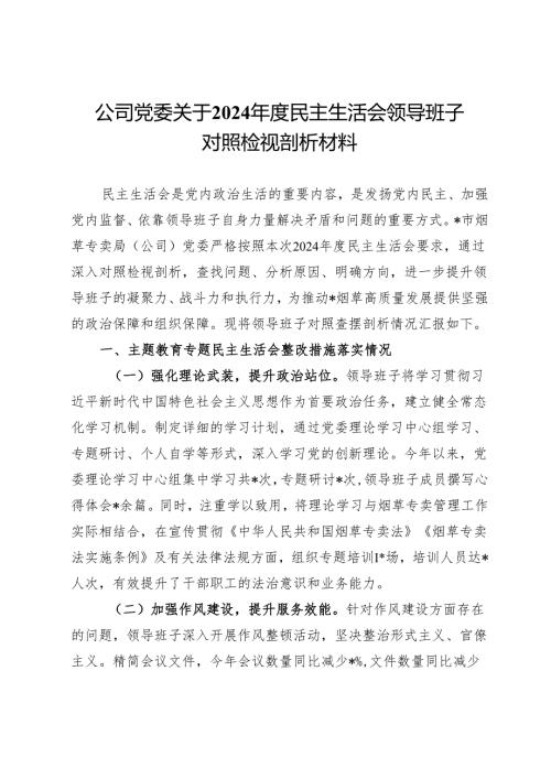 公司党委关于2024民主生活会领导班子对照检视剖析材料 (2).docx