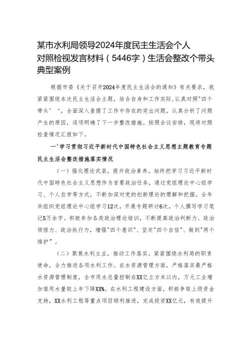 某市水利局领导2024民主生活会个人对照检视发言材料（5446字）生活会整改 四个带头 典型案例.docx