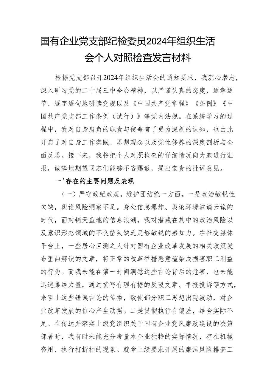 党支部纪检委员四个带头2024组织生活会个人对照检查发言材料2篇.docx_第2页