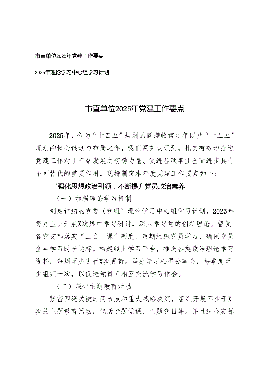 市直单位2025年党建工作要点+理论学习中心组2025年学习计划.docx_第1页