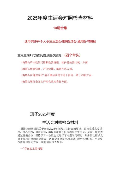党员2025民主生活会“四个带头”对照检查材料十篇.docx