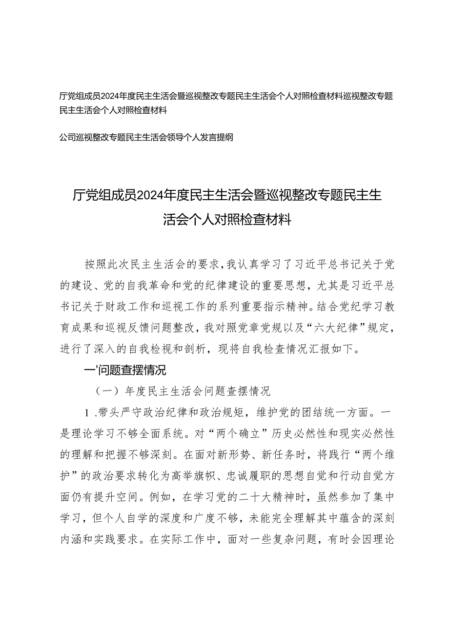 厅党组成员、公司2024民主生活会暨巡视整改专题民主生活会个人对照检查材料发言提纲.docx_第1页