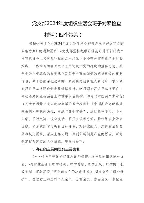 党支部2024组织生活会班子对照检查材料.docx