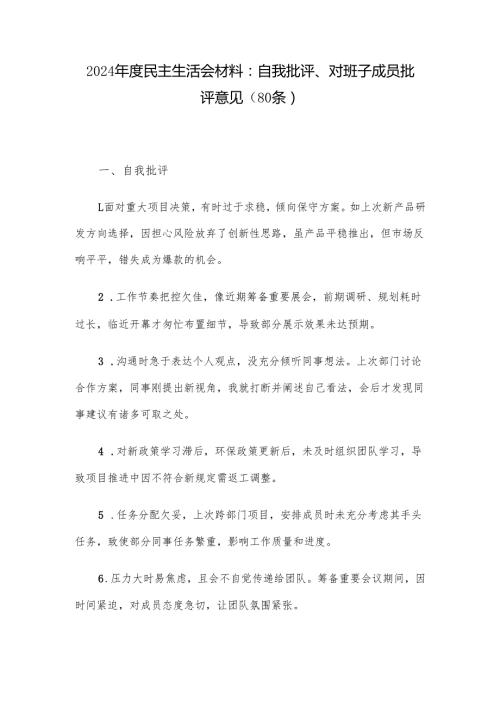 2024民主生活会材料：自我批评、对班子成员批评意见（80条）.docx