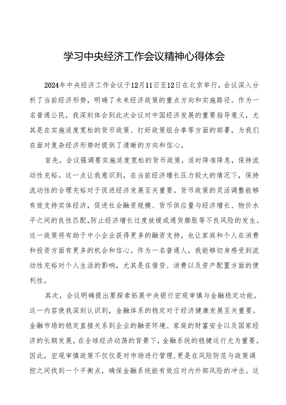 九篇2024年学习贯彻中央经济工作会议精神心得体会发言稿.docx_第1页