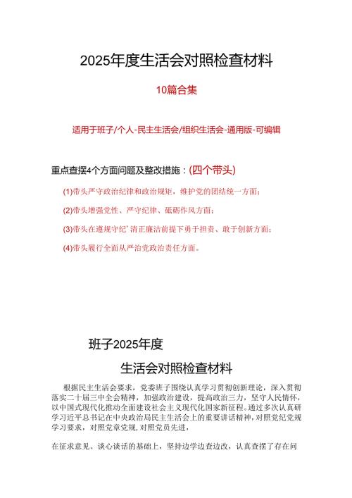 领导2025民主生活会（四个带头）对照检材剖析材料材料10篇.docx