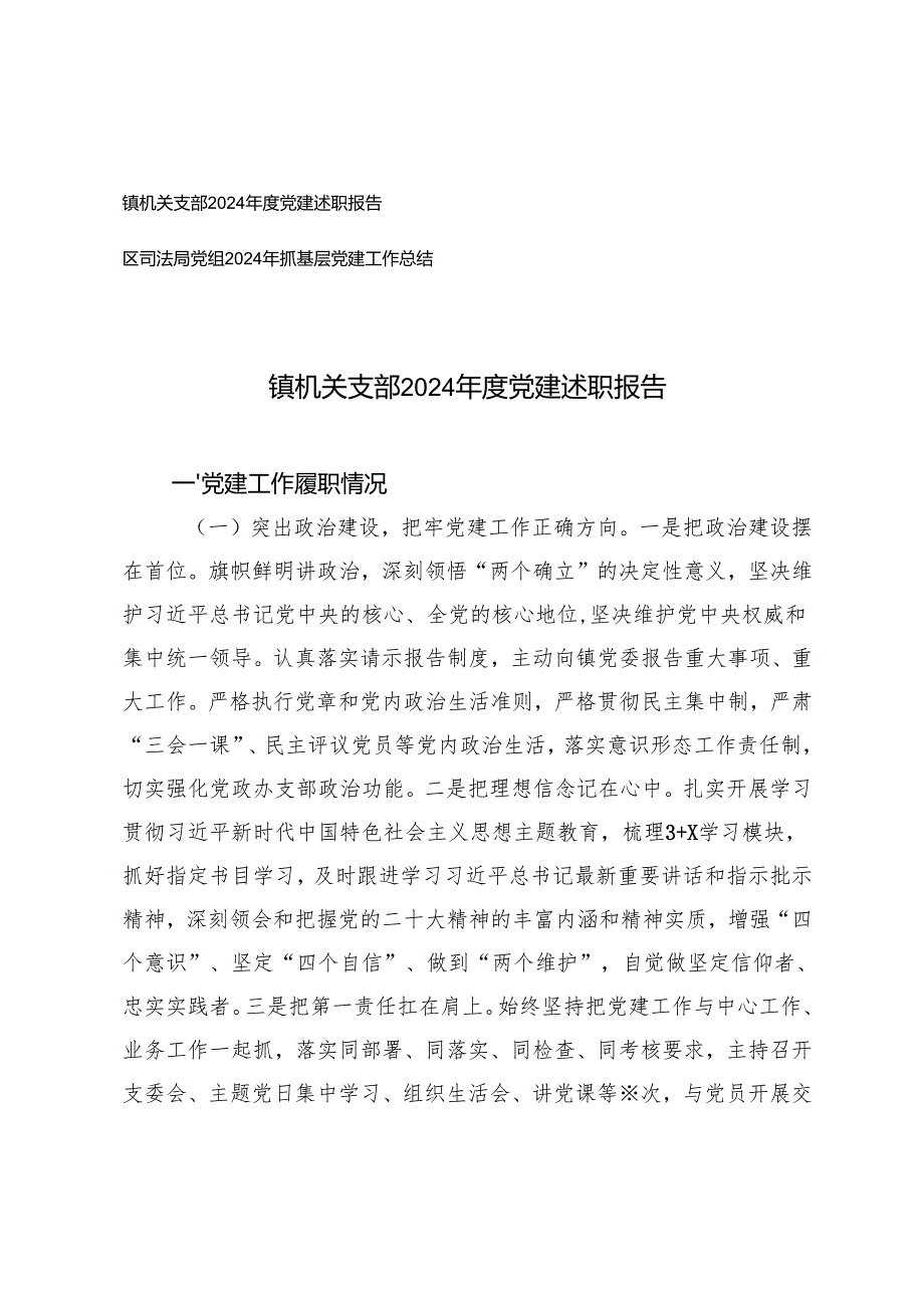 镇机关支部2024党建述职报告+党组2024年抓基层党建工作总结.docx_第1页