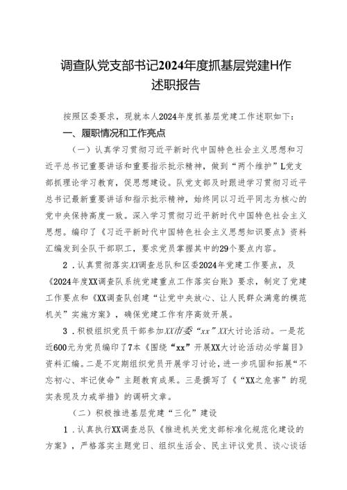调查队党支部书记2024抓基层党建工作述职报告.docx