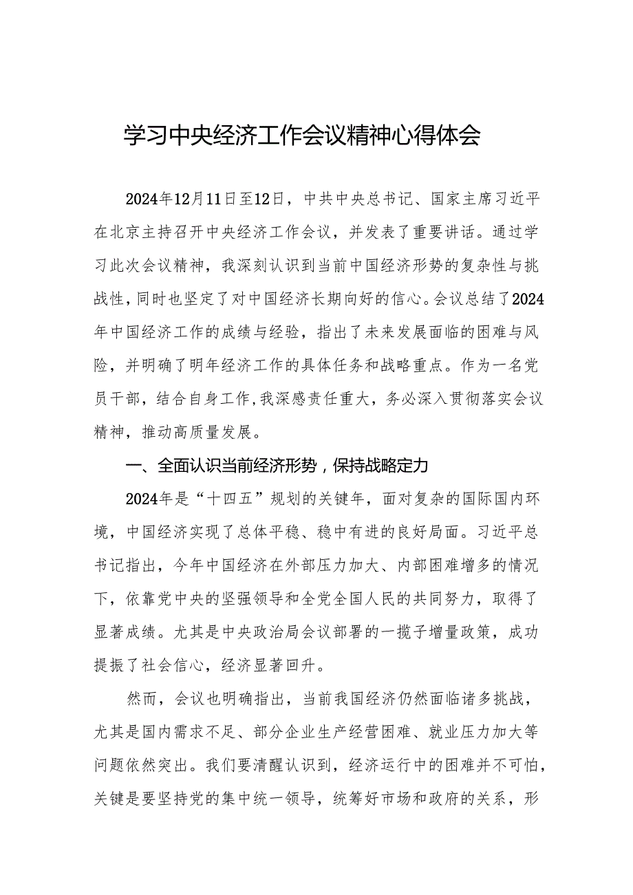 2024年中央经济工作会议精神学习体会发言稿6篇.docx_第1页