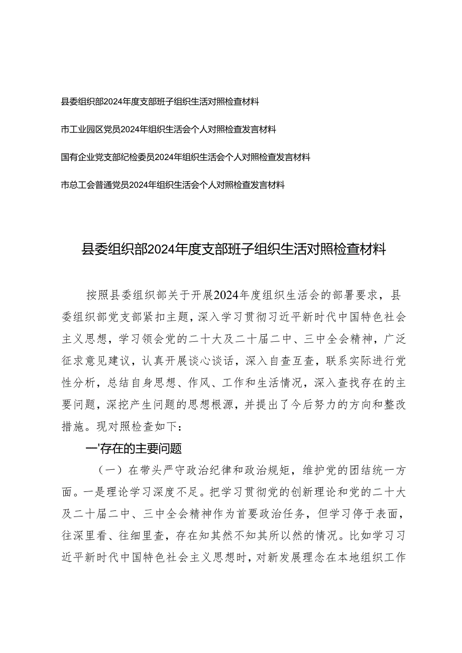 4篇（个人、班子）普通党员2024年组织生活会对照检查发言材料四个带头.docx_第1页