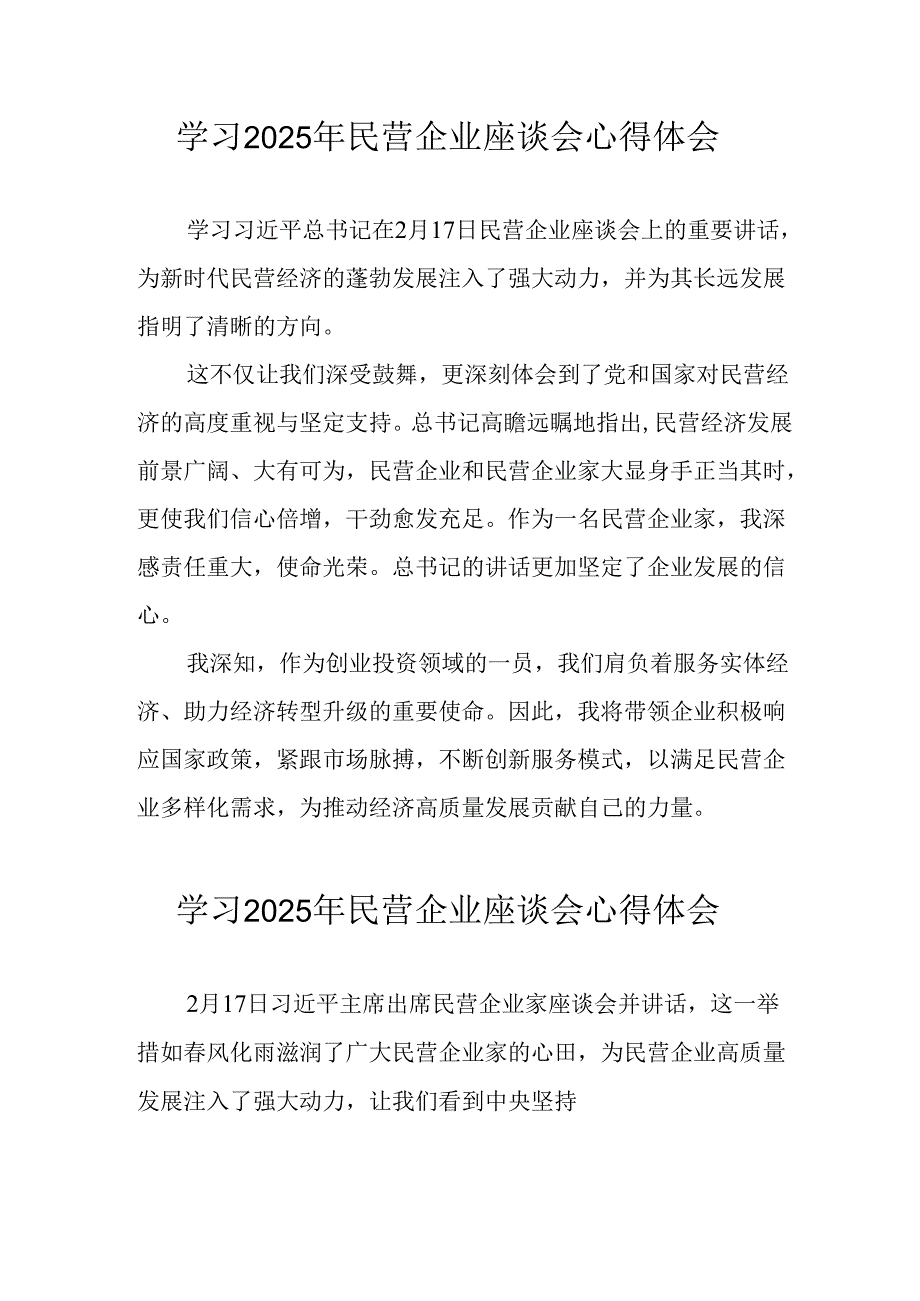 2025年私营企业学习《民营企业座谈会》个人心得感悟 （合计8份）.docx_第1页