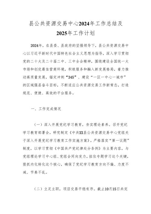 县公共资源交易中心2024年工作总结及2025年工作计划.docx