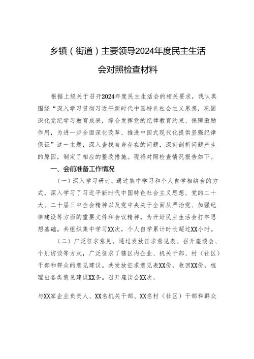 乡镇（街道）主要领导2024民主生活会对照检查发言材料.docx