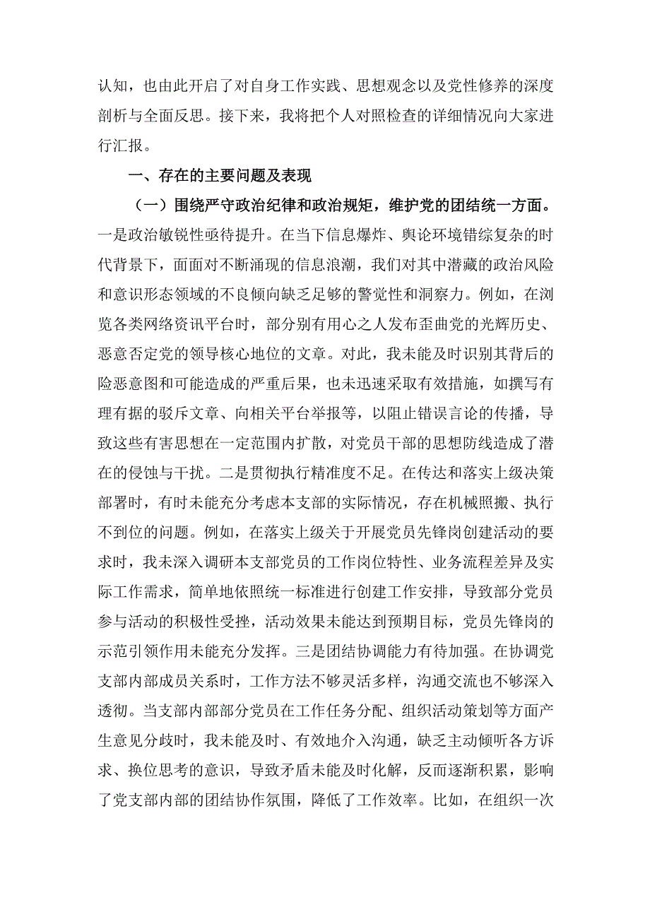 党支部副书记（2024年）组织生活会个人对照检查发言材料.docx_第2页