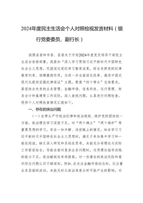 2024民主生活会个人对照检视发言材料（银行党委委员、副行长）.docx