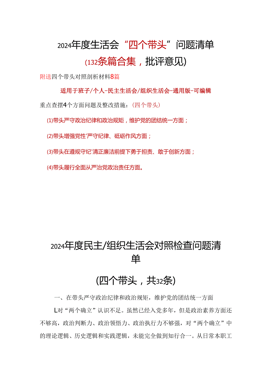 党员2024“四个带头”民主生活会批评意见问题清单材料10篇.docx_第1页