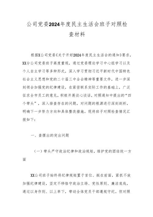 公司党委2024民主生活会班子对照检查材料(1).docx