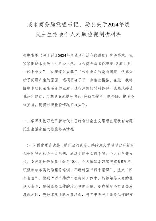某市商务局党组书记、局长关于2024民主生活会个人对照检视剖析材料.docx