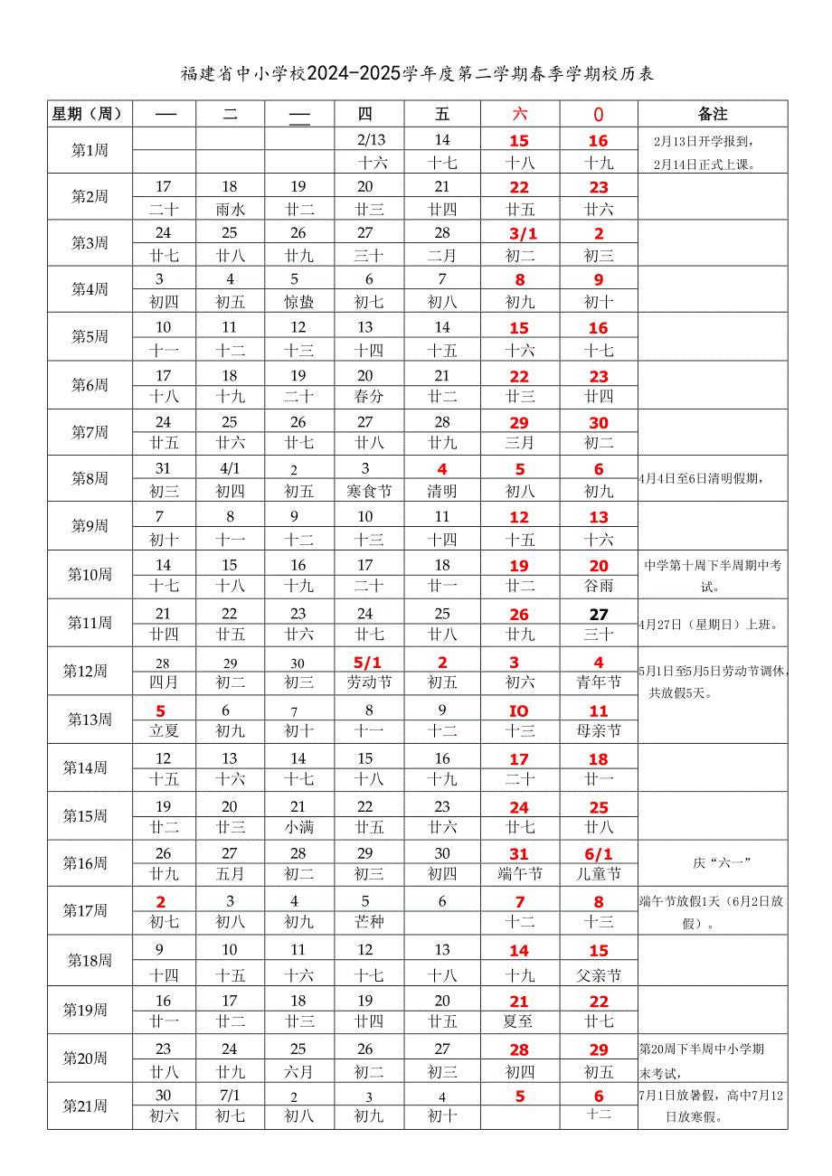 福建省福州厦门莆田三明泉州漳州南平龙岩宁德市中小学校20242025学第二学期季学期校历表教学日历教师家长学生行事历计划安排时间.docx_第1页