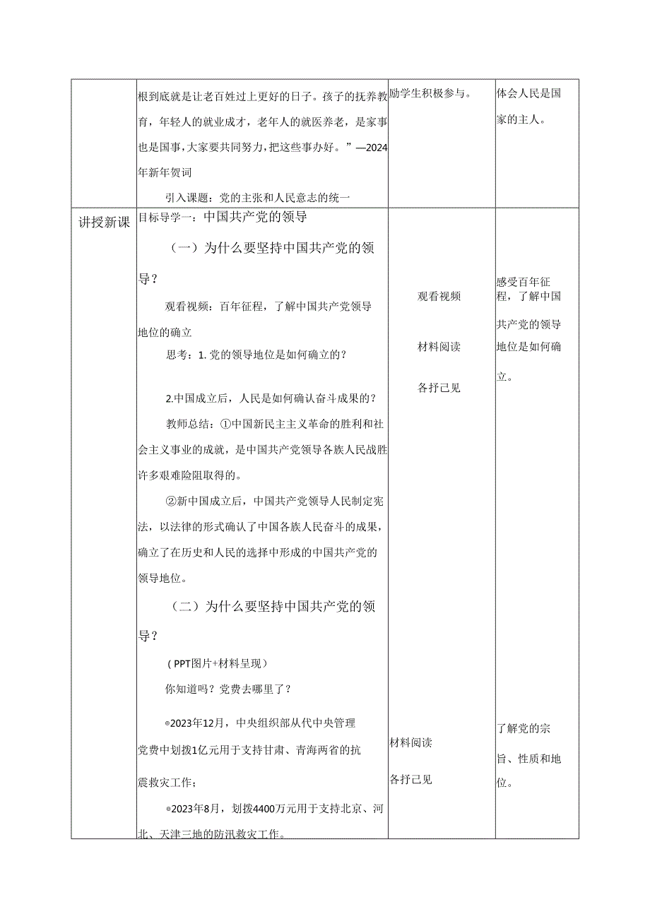 2025八年级道德与法治下册第一单元第一课党的主张和人民意志的统一教学设计.docx_第2页