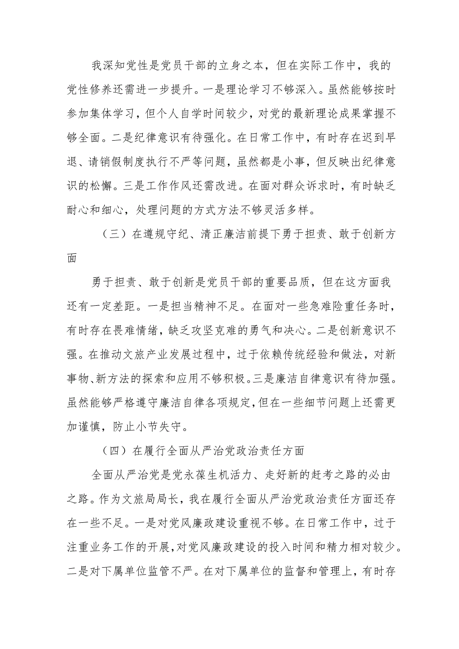 县文旅局局长2025民主生活会“四个带头”对照检查材料9篇.docx_第3页