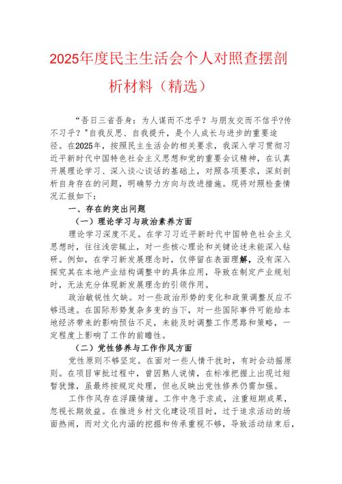 2025 民主生活会个人对照查摆剖析材料（精选）.docx