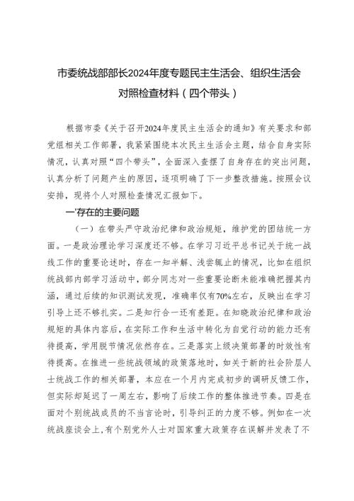 市委统战部部长20242025专题民主生活会、组织生活会对照检查材料（四个带头）.docx