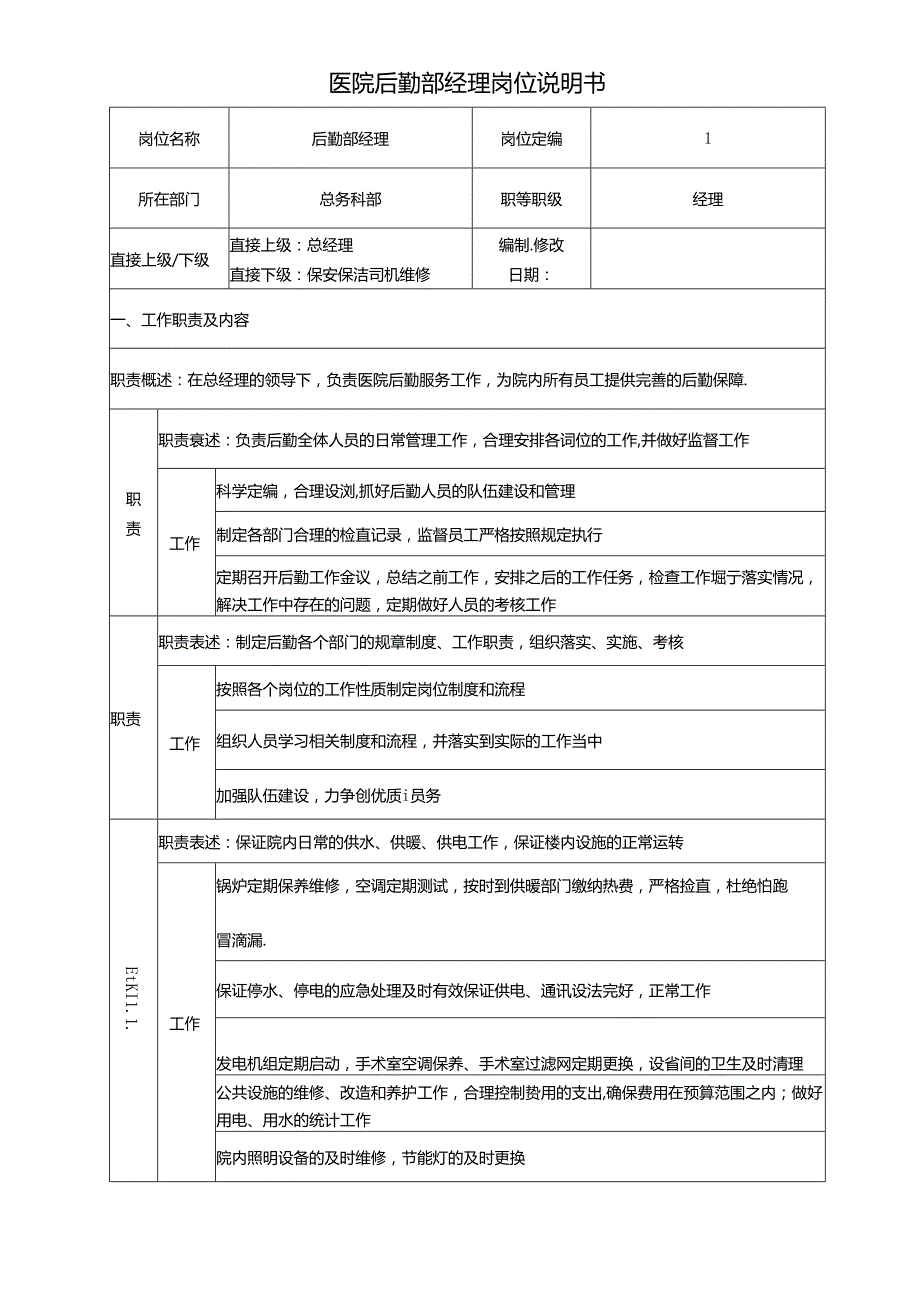 医院后勤部经理岗位说明书.docx_第1页