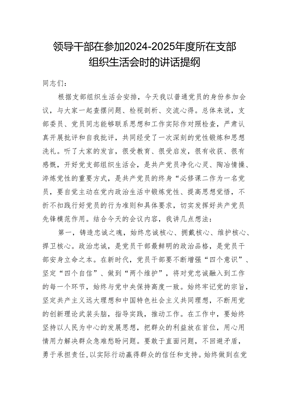领导干部在参加20242025所在支部组织生活会时的讲话提纲.docx_第1页
