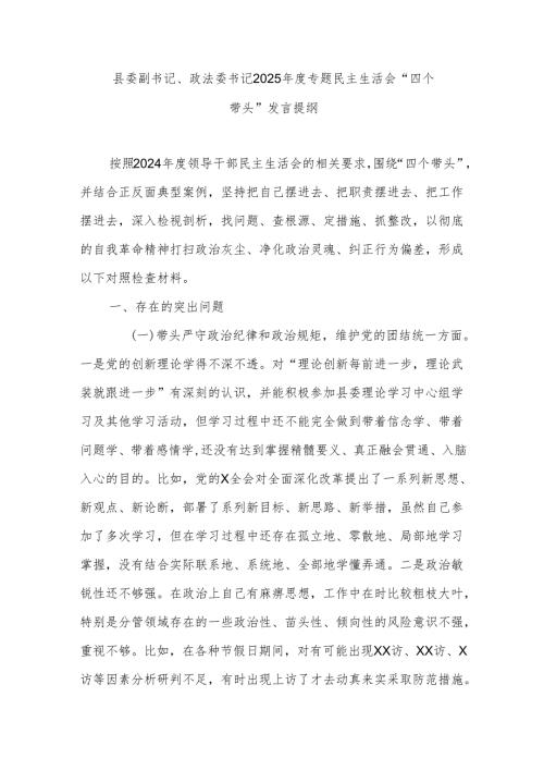 县委副书记、政法委书记2025专题民主生活会“四个带头”发言提纲.docx