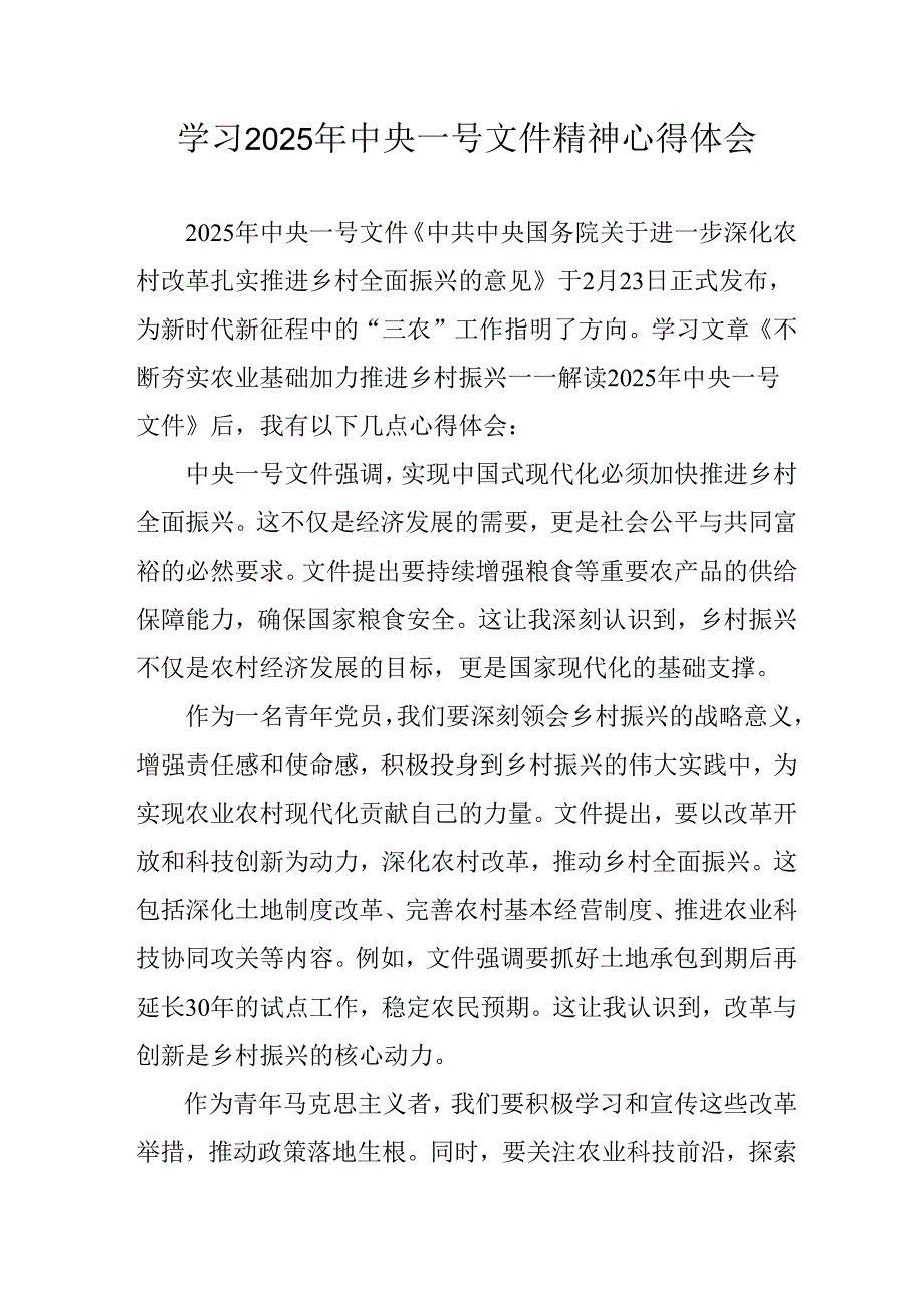 学习2025年《中央一号文件》精神个人心得体会 （汇编2份）.docx_第1页