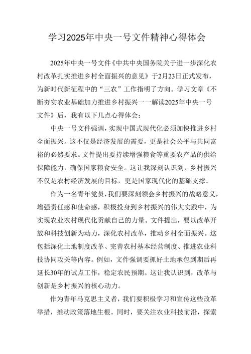 学习2025年《中央一号文件》精神个人心得体会 （汇编2份）.docx