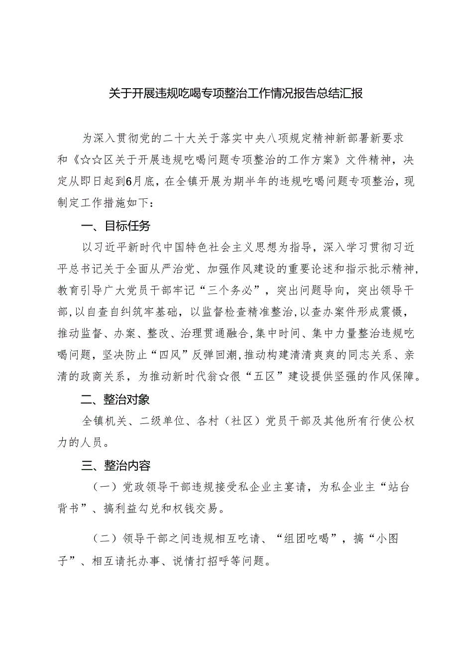 四篇 关于开展违规吃喝专项整治工作情况报告总结汇报通用版.docx_第1页