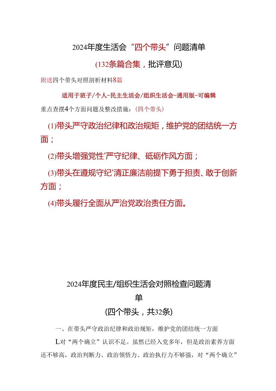 企业2024“四个带头”民主生活会批评意见问题清单可修改资料.docx_第1页