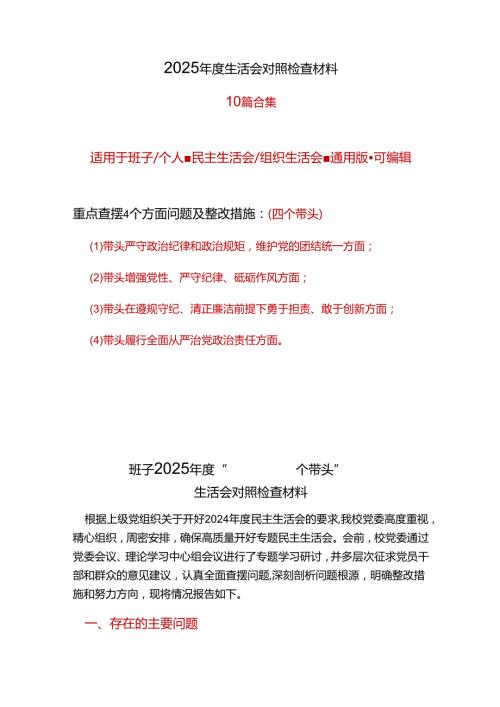 某支部2025年“四个带头”民主生活会对照剖析材料可修改资料.docx