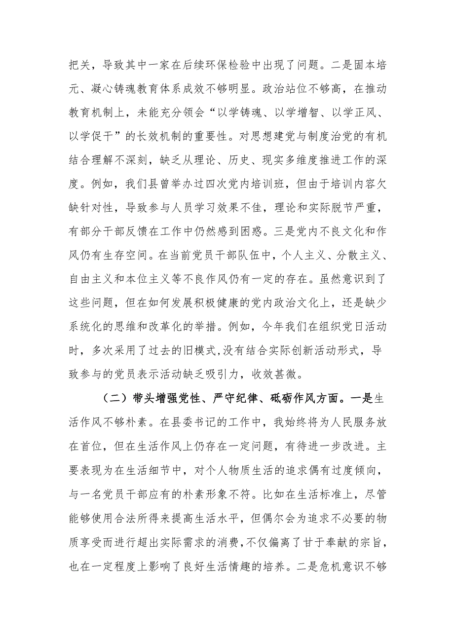 最新县委书记2024民主生活个人四个带头检查材料（含反面案例剖析）word范文.docx_第2页