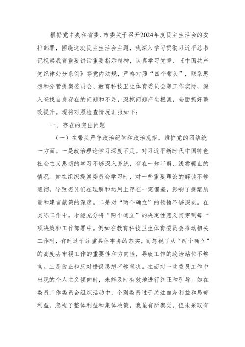 政协副主席2024民主生活个人四个带头检查材料发言材料范文两篇.docx