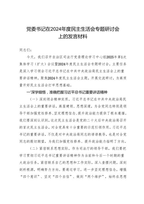 组织生活：2024“四个带头”民主生活会：309党委书记在专题研讨会上的发言材料.docx
