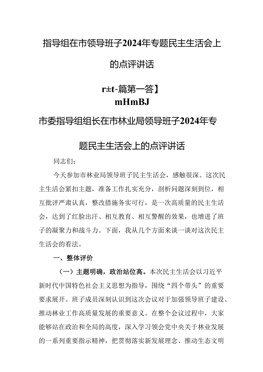 （2篇）指导组在市领导班子2024年专题民主生活会上的点评讲话.docx_第1页