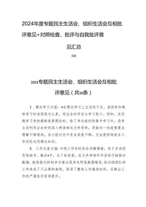 2024专题民主生活会、组织生活会互相批评意见+对照检查、批评与自我批评意见汇总.docx