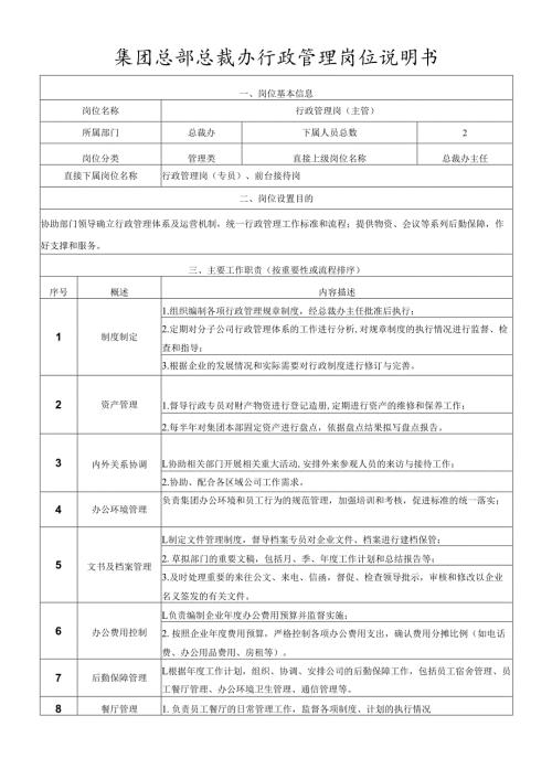 岗位说明书总裁办行政管理岗（主管）.docx