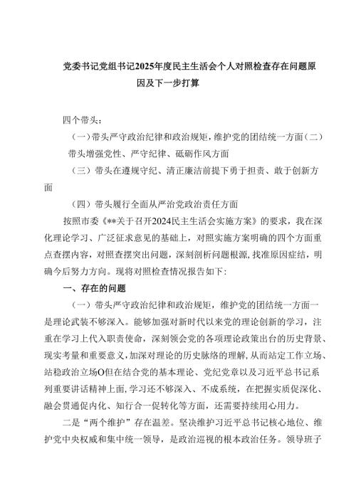 党委书记党组书记2025民主生活会个人对照检查存在问题原因及下一步打算(四篇).docx
