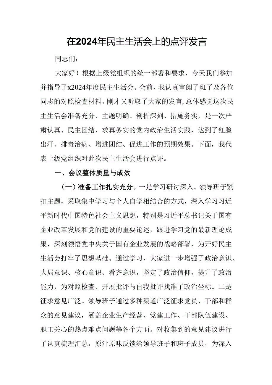 在2024年民主生活会上的点评发言.docx_第1页