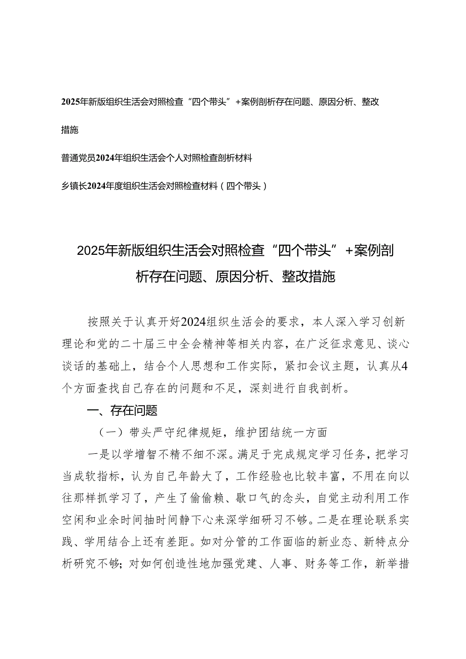 2025年新版 组织生活会对照检查“四个带头”+案例剖析存在问题、原因分析、整改措施.docx_第1页