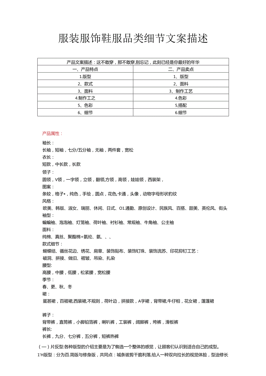 两万字服装服饰鞋服品类产品细节文案话术描述学习文档.docx_第1页