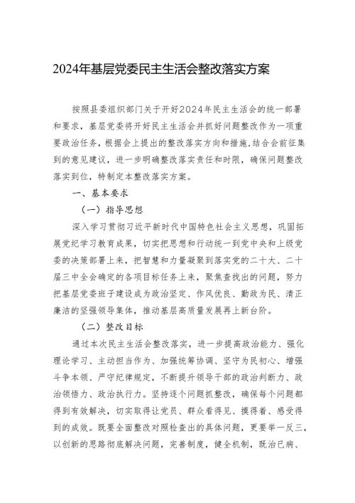 2024基层党委民主生活会整改落实方案材料.docx